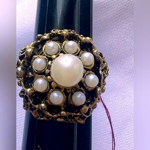 Opalescent Faux Pearl Goldtone Dome Ring adjustable Vintage